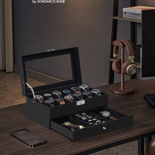 Watch Box – Wood – Black – Two Layers with Glass Lid and Bracelet Tray