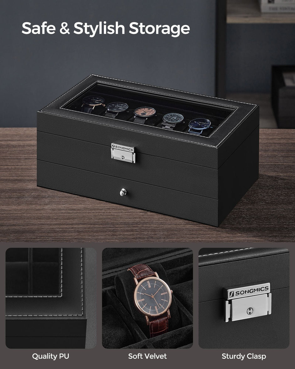 Watch Box – Wood – Black – Two Layers with Glass Lid and Bracelet Tray