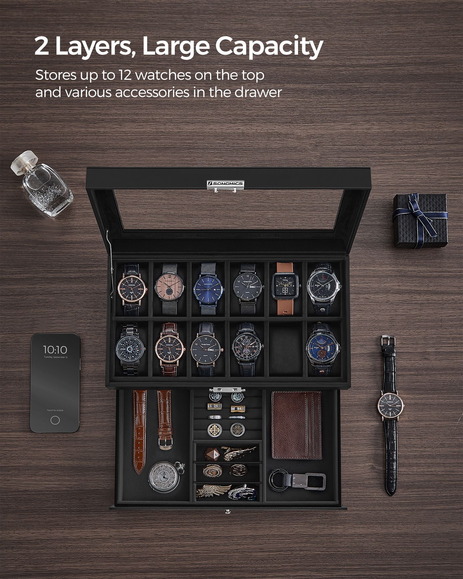 Watch Box – Wood – Black – Two Layers with Glass Lid and Bracelet Tray