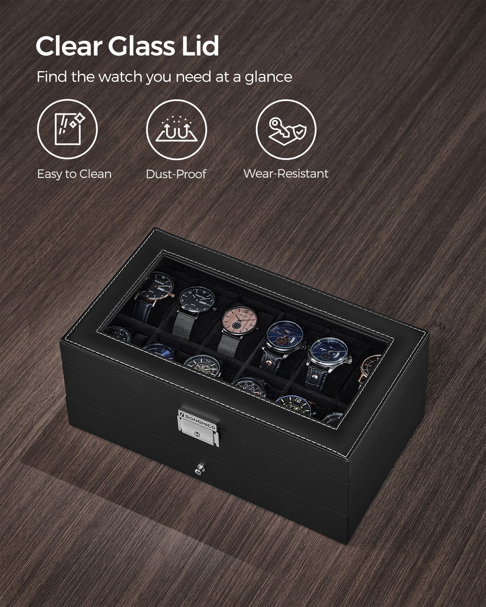 Watch Box – Wood – Black – Two Layers with Glass Lid and Bracelet Tray