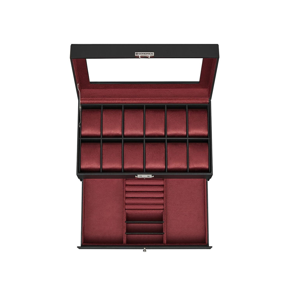 2-Tier Watch Box – Faux Leather – Ink Black and Wine Red – Glass Lid with Bracelet Tray