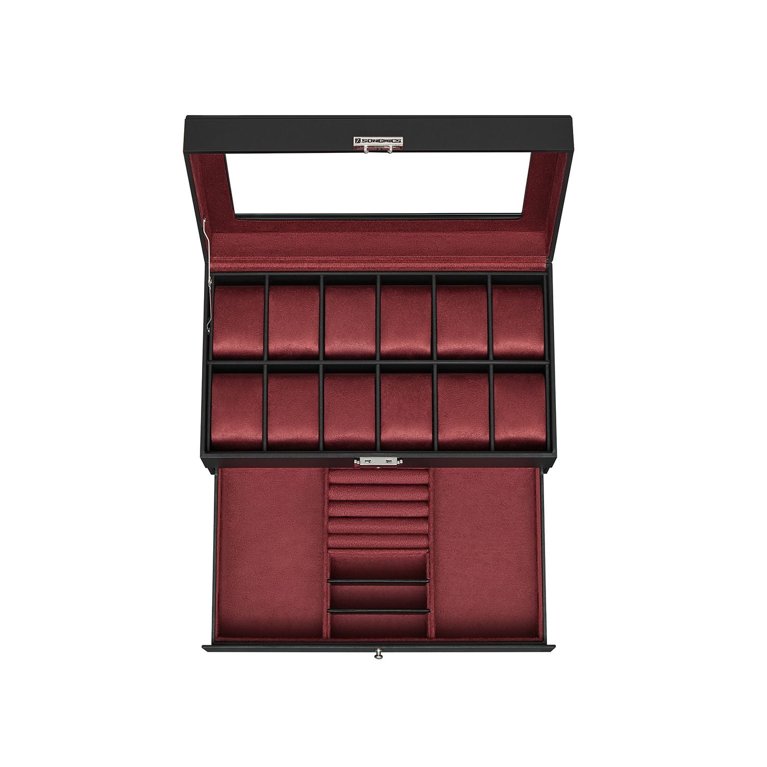 Watch Box – Synthetic Leather – Brown/Black/Wine Red – 12 Slots with Glass Lid and Drawer