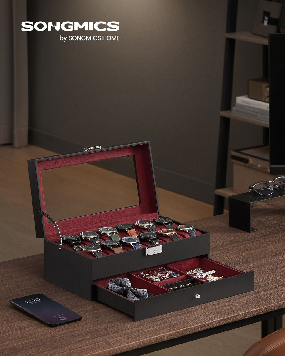 2-Tier Watch Box – Faux Leather – Ink Black and Wine Red – Glass Lid with Bracelet Tray