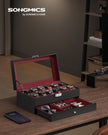 2-Tier Watch Box – Faux Leather – Ink Black and Wine Red – Glass Lid with Bracelet Tray