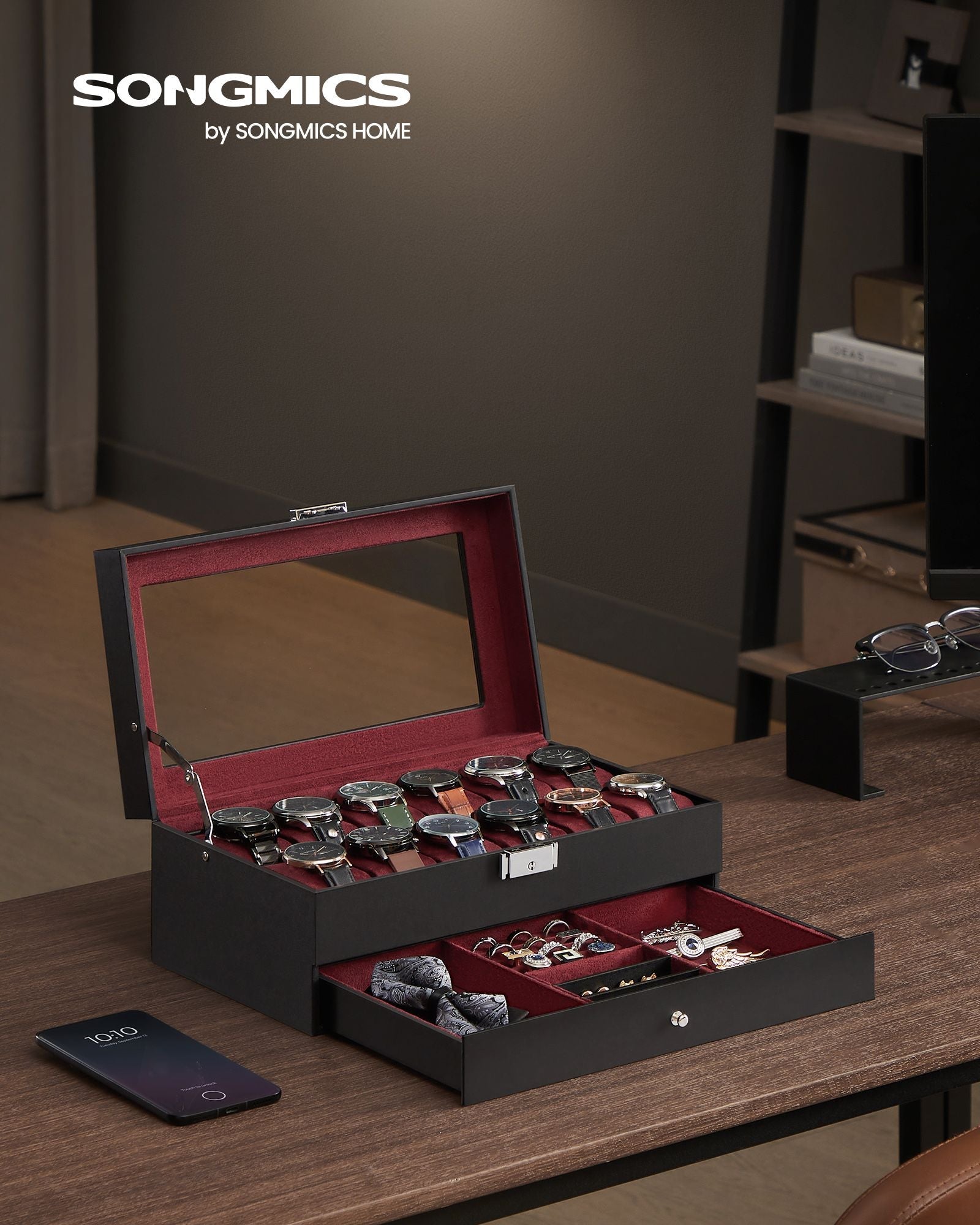 Watch Box – Synthetic Leather – Brown/Black/Wine Red – 12 Slots with Glass Lid and Drawer