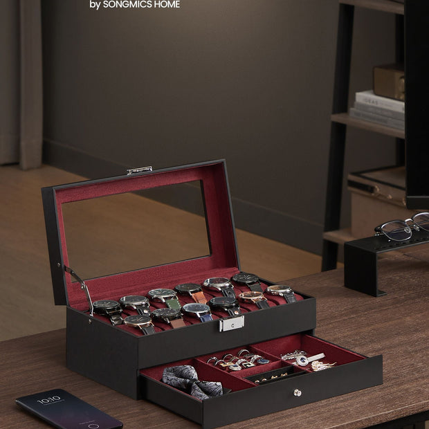 Watch Box – Synthetic Leather – Brown/Black/Wine Red – 12 Slots with Glass Lid and Drawer