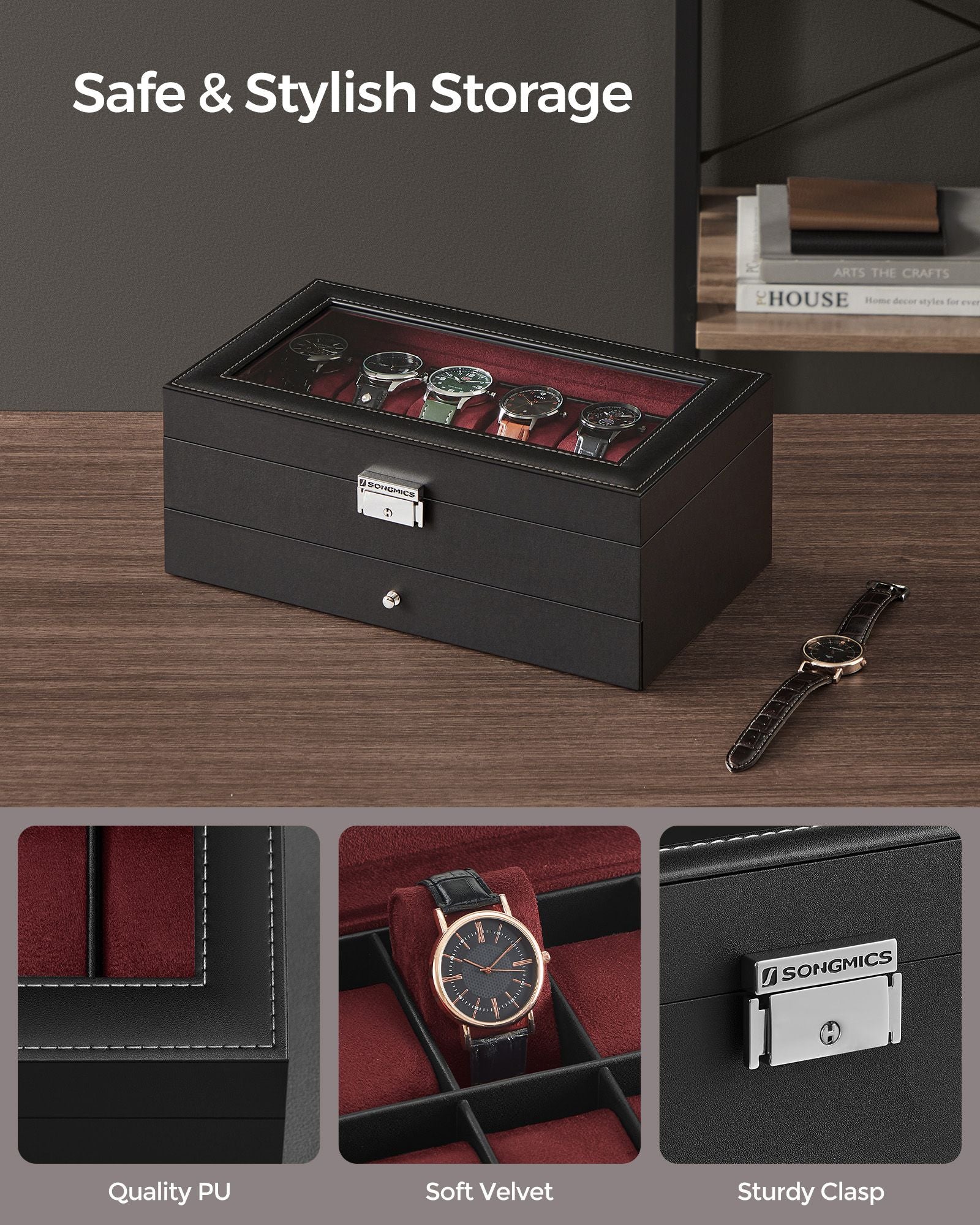 Watch Box – Synthetic Leather – Brown/Black/Wine Red – 12 Slots with Glass Lid and Drawer