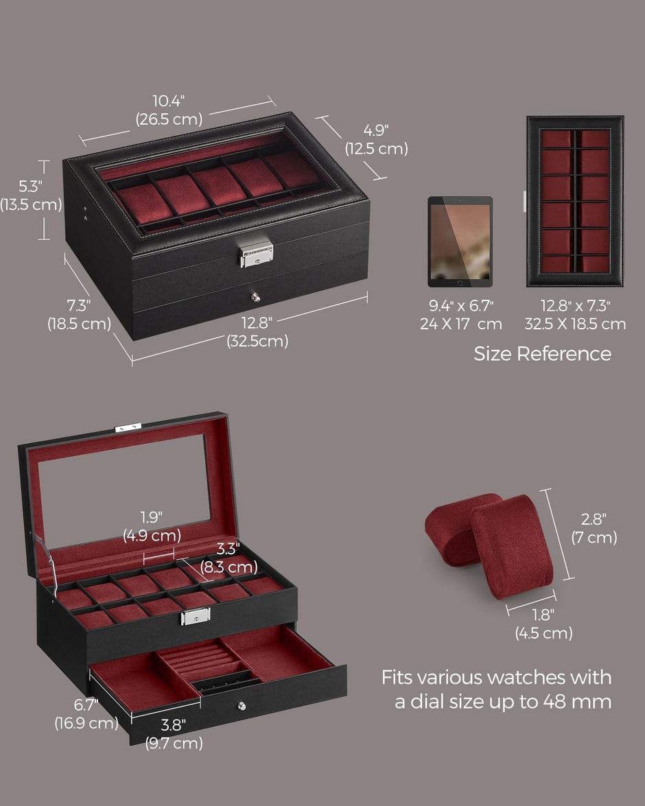 2-Tier Watch Box – Faux Leather – Ink Black and Wine Red – Glass Lid with Bracelet Tray