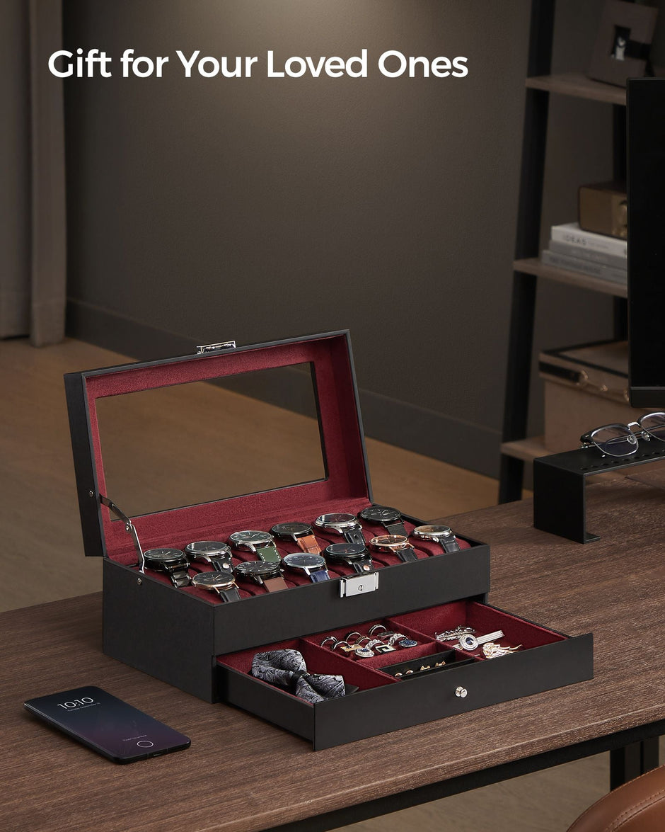 Watch Box – Synthetic Leather – Brown/Black/Wine Red – 12 Slots with Glass Lid and Drawer