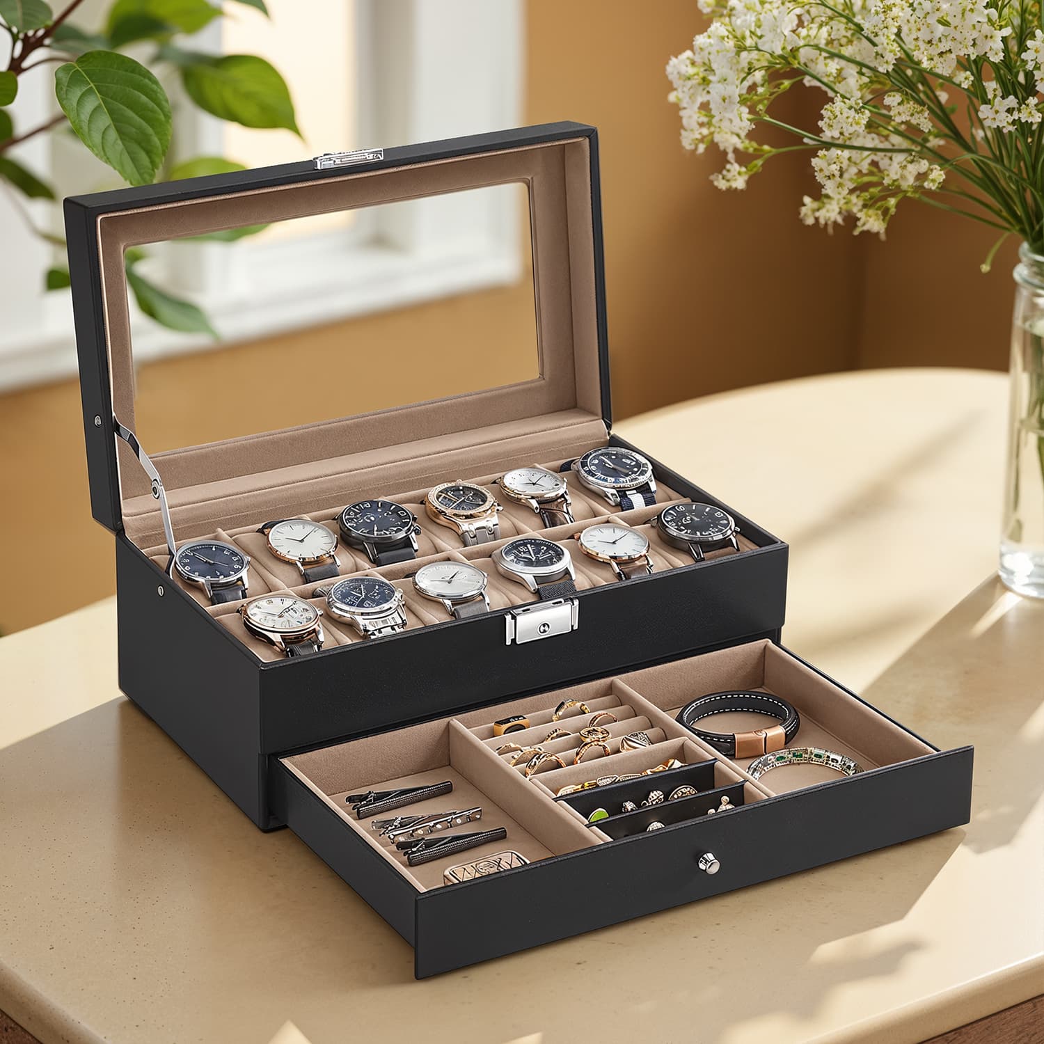 Watch Box – Synthetic Leather – Brown/Black/Wine Red – 12 Slots with Glass Lid and Drawer