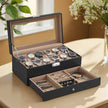 Watch Box – Synthetic Leather – Brown/Black/Wine Red – 12 Slots with Glass Lid and Drawer
