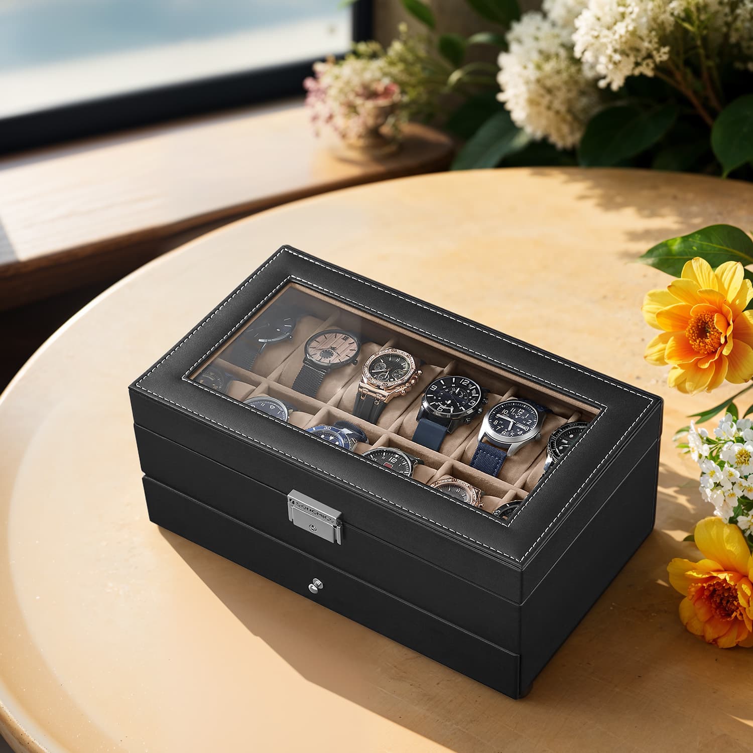 Watch Box – Synthetic Leather – Brown/Black/Wine Red – 12 Slots with Glass Lid and Drawer