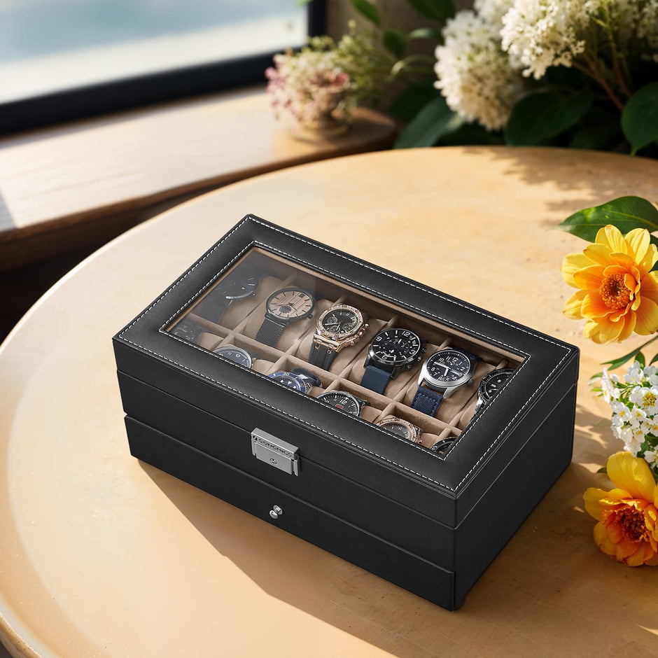 Watch Box – Synthetic Leather – Brown/Black/Wine Red – 12 Slots with Glass Lid and Drawer