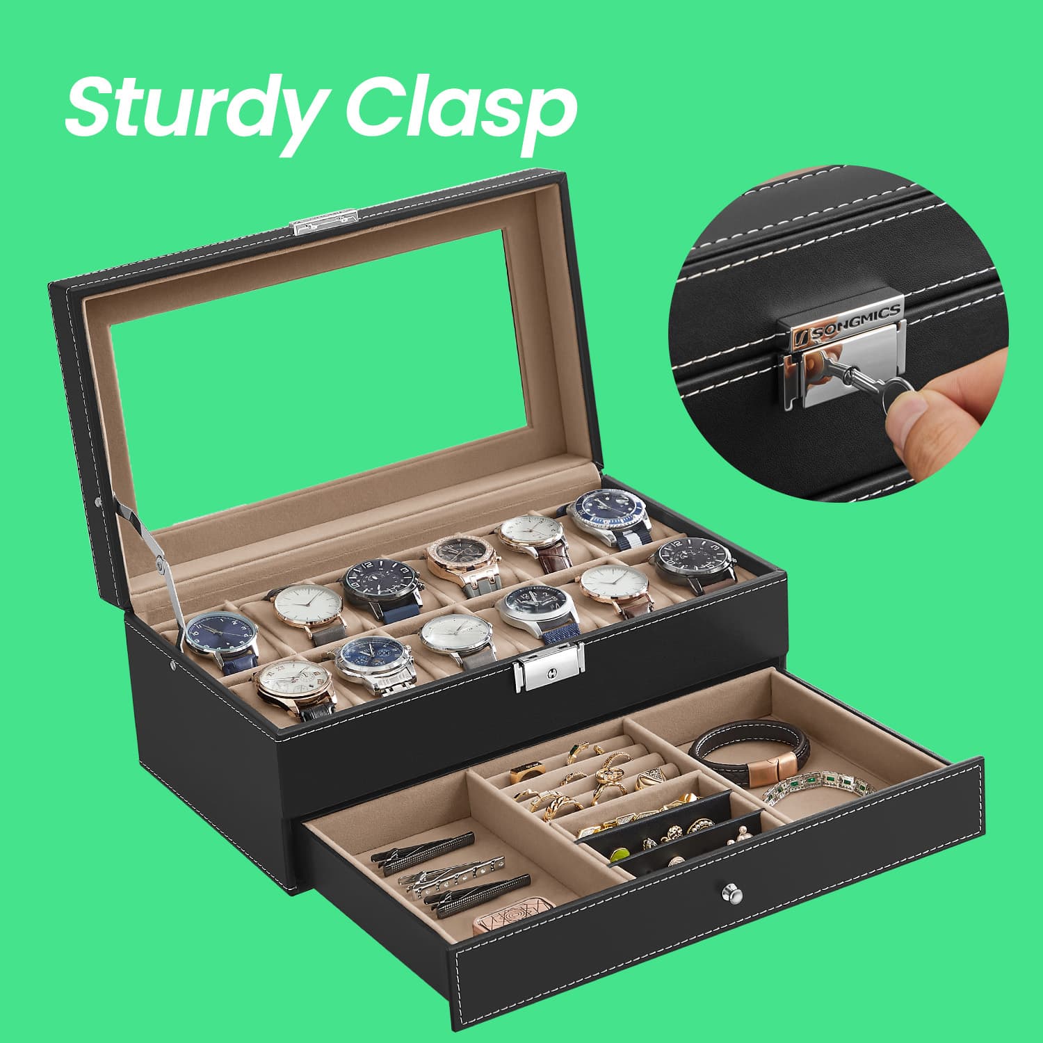 Watch Box – Synthetic Leather – Brown/Black/Wine Red – 12 Slots with Glass Lid and Drawer