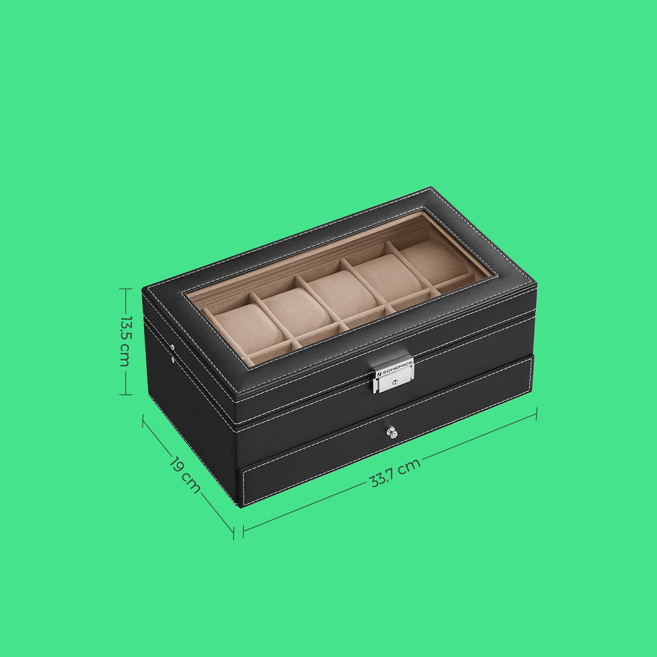 Watch Box – Synthetic Leather – Brown/Black/Wine Red – 12 Slots with Glass Lid and Drawer