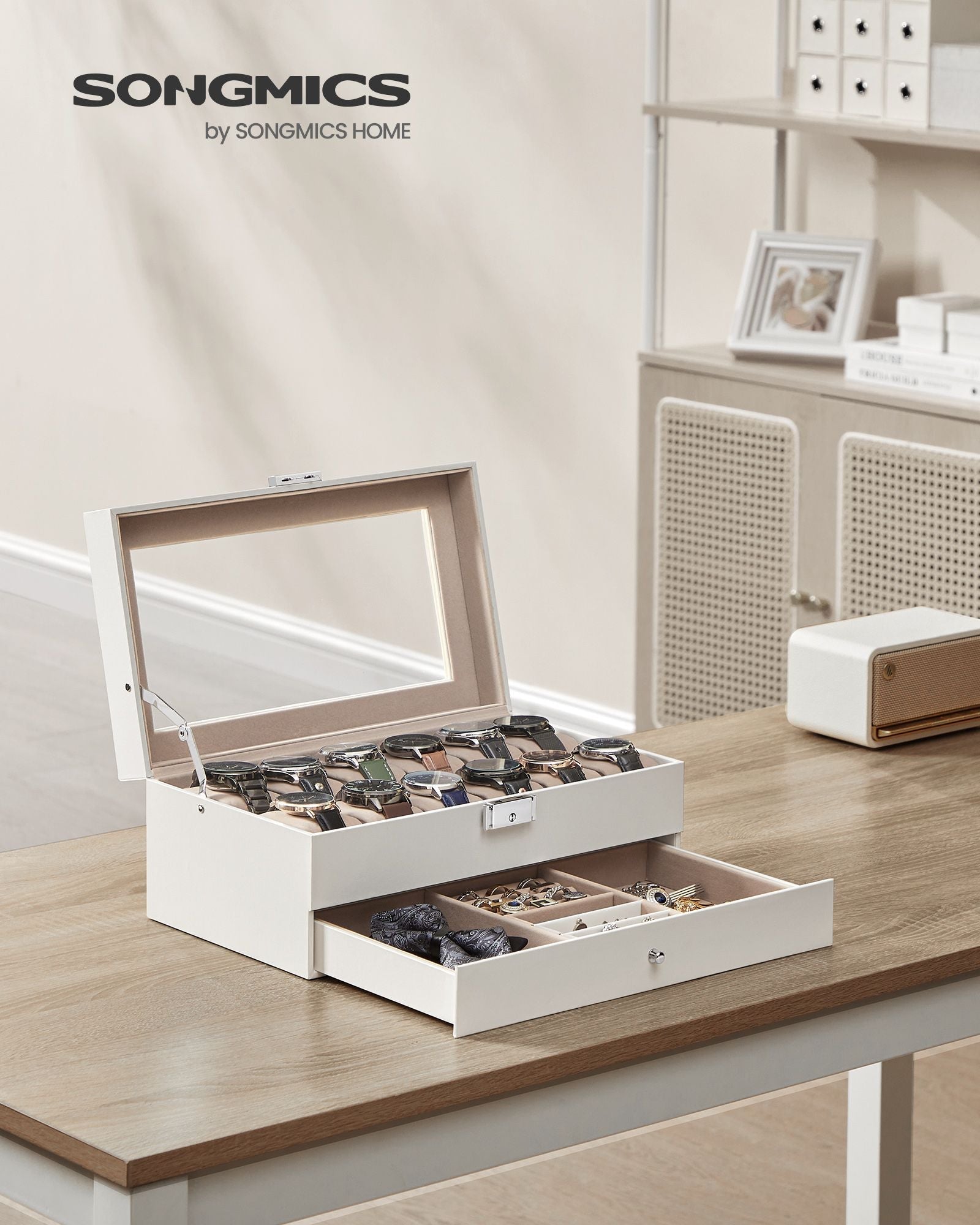 2-Tier Watch Box – Wood – Cloud White and Cappuccino Beige – Glass Lid with Bracelet Tray