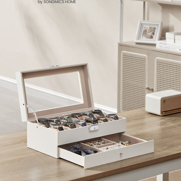 2-Tier Watch Box – Wood – Cloud White and Cappuccino Beige – Glass Lid with Bracelet Tray