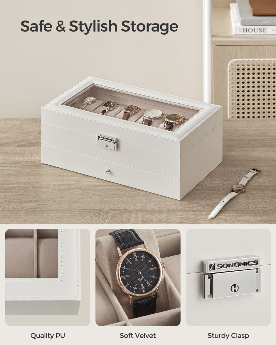 2-Tier Watch Box – Wood – Cloud White and Cappuccino Beige – Glass Lid with Bracelet Tray