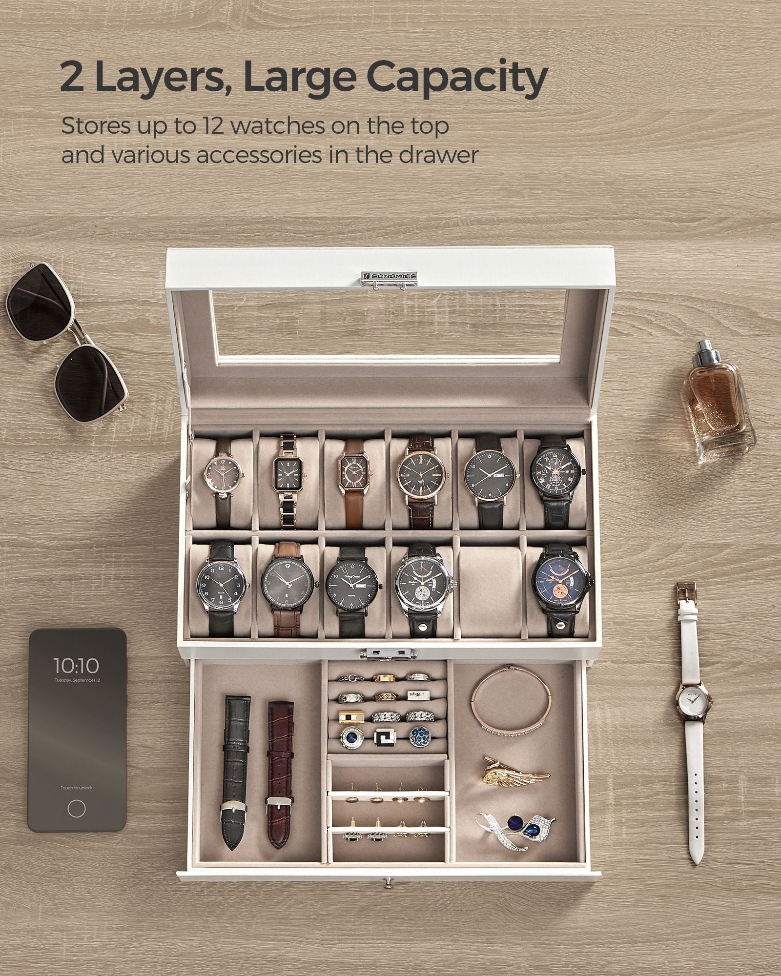 2-Tier Watch Box – Wood – Cloud White and Cappuccino Beige – Glass Lid with Bracelet Tray