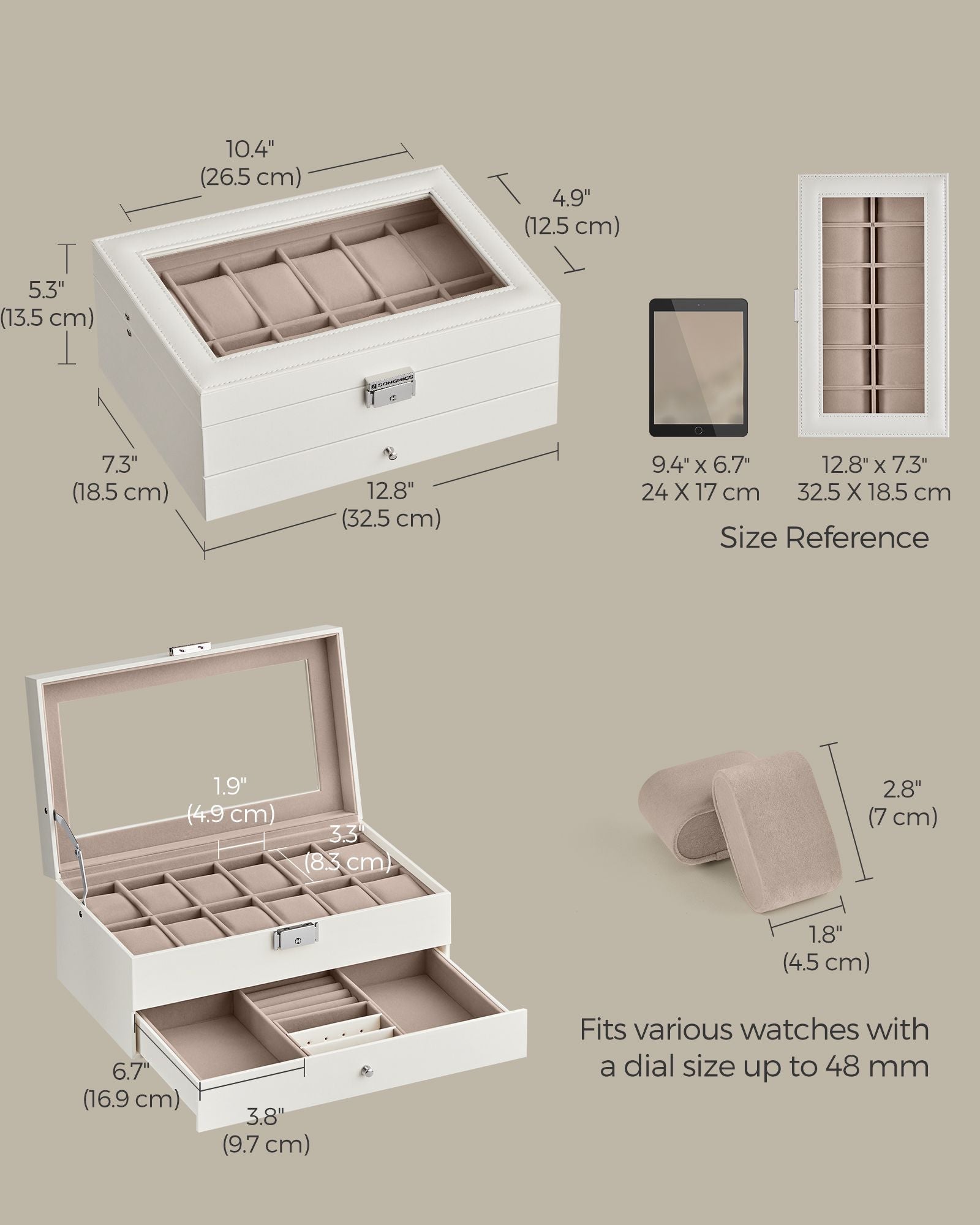 2-Tier Watch Box – Wood – Cloud White and Cappuccino Beige – Glass Lid with Bracelet Tray