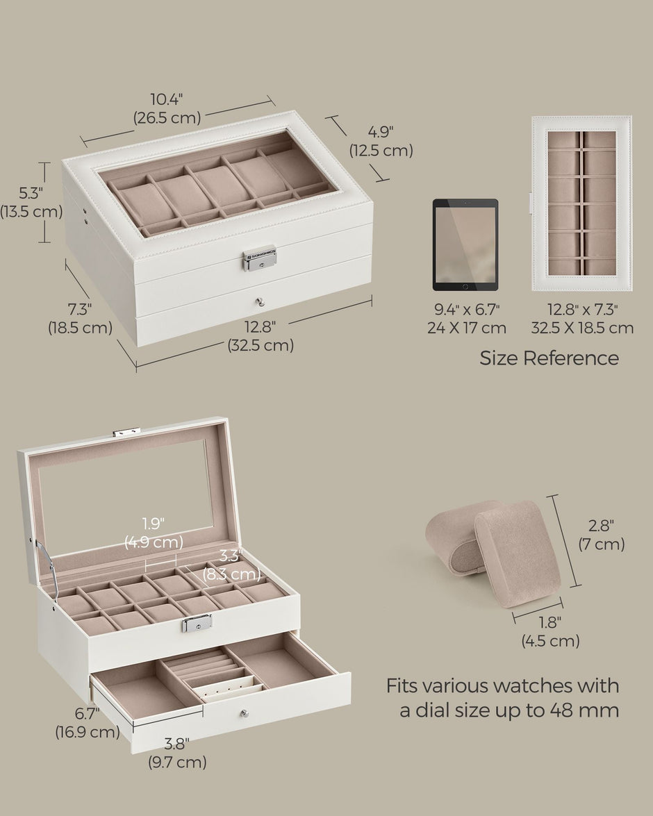 2-Tier Watch Box – Wood – Cloud White and Cappuccino Beige – Glass Lid with Bracelet Tray