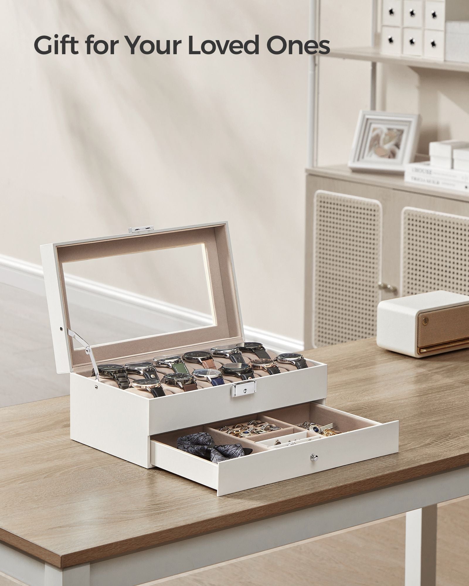 2-Tier Watch Box – Wood – Cloud White and Cappuccino Beige – Glass Lid with Bracelet Tray