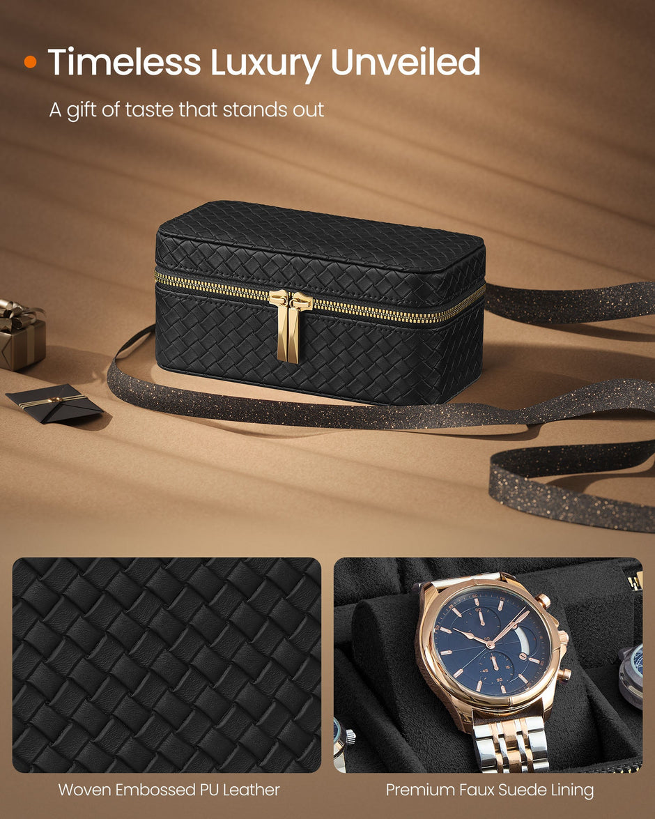 Watch Travel Case – Woven Embossed PU Leather – Ink Black – 3-Slot Design