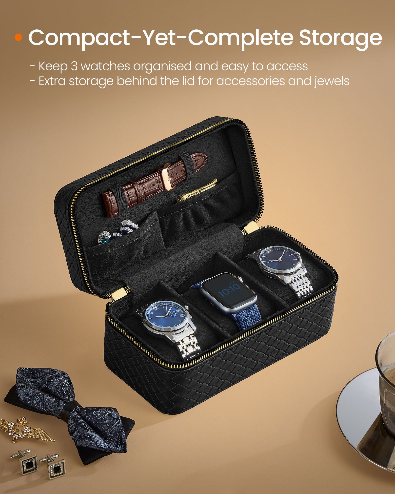 Watch Travel Case – Woven Embossed PU Leather – Ink Black – 3-Slot Design