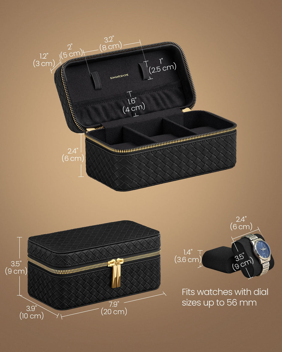 Watch Travel Case – Woven Embossed PU Leather – Ink Black – 3-Slot Design