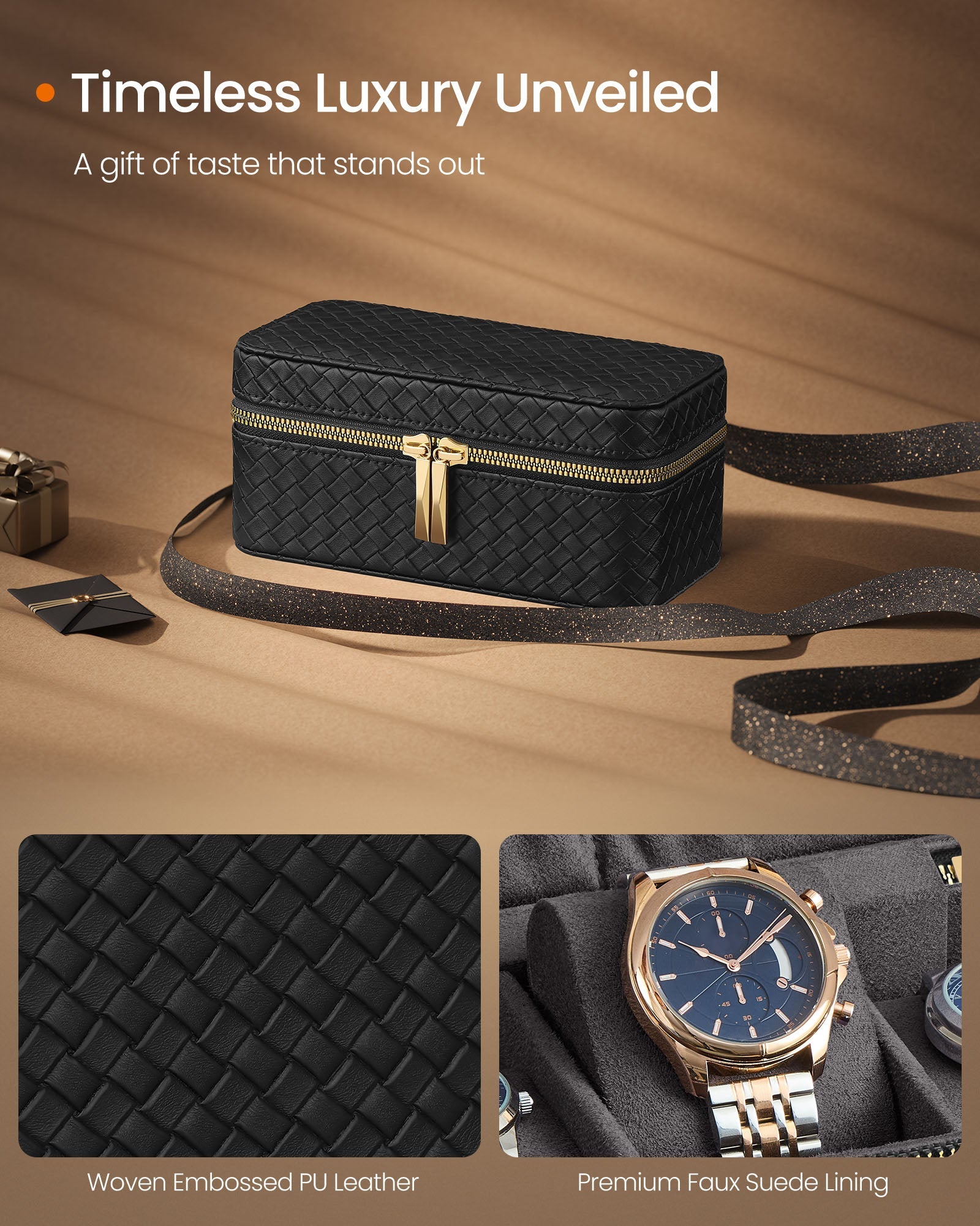 Watch Travel Case – Woven Embossed PU Leather – Ink Black – 3-Slot Design