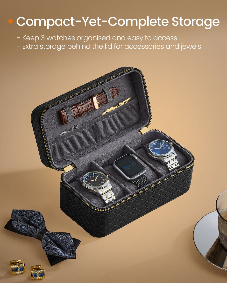 Watch Travel Case – Woven Embossed PU Leather – Ink Black – 3-Slot Design