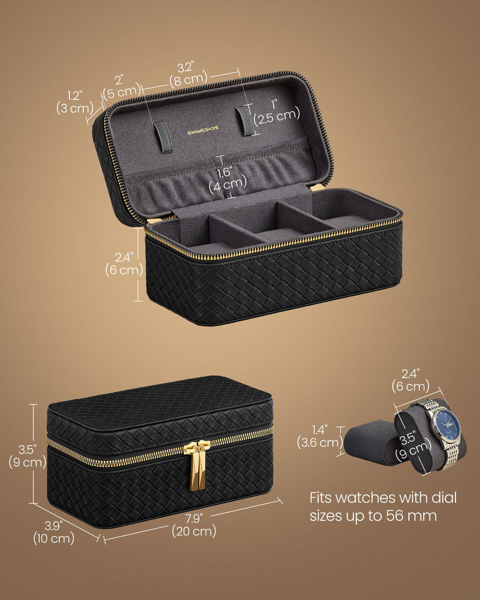 Watch Travel Case – Woven Embossed PU Leather – Ink Black – 3-Slot Design