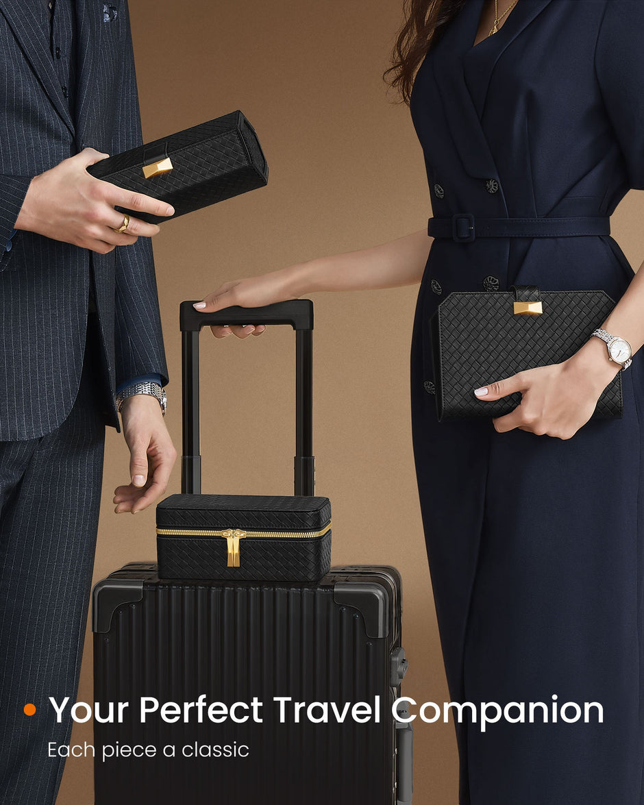 Watch Travel Case – Woven Embossed PU Leather – Ink Black – 3-Slot Design