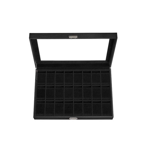 Watch Storage Box – MDF – Ink Black – 24 Slots with Glass Lid