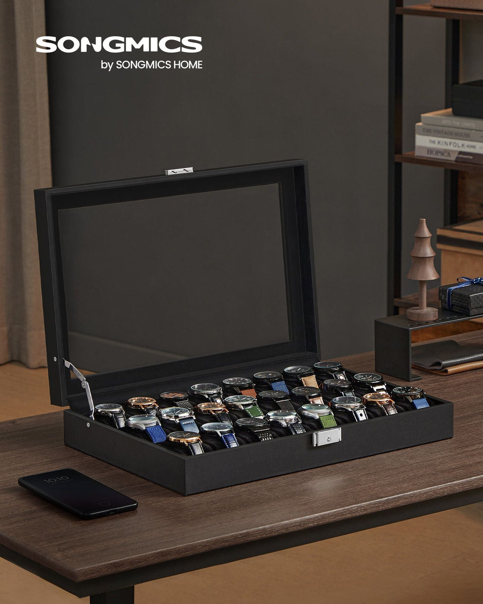 Watch Storage Box – MDF – Ink Black – 24 Slots with Glass Lid