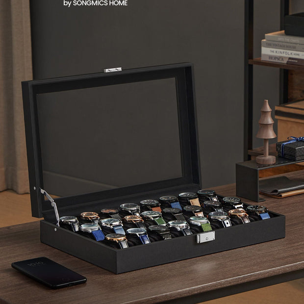 Watch Storage Box – MDF – Ink Black – 24 Slots with Glass Lid
