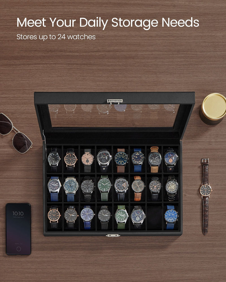 Watch Storage Box – MDF – Ink Black – 24 Slots with Glass Lid