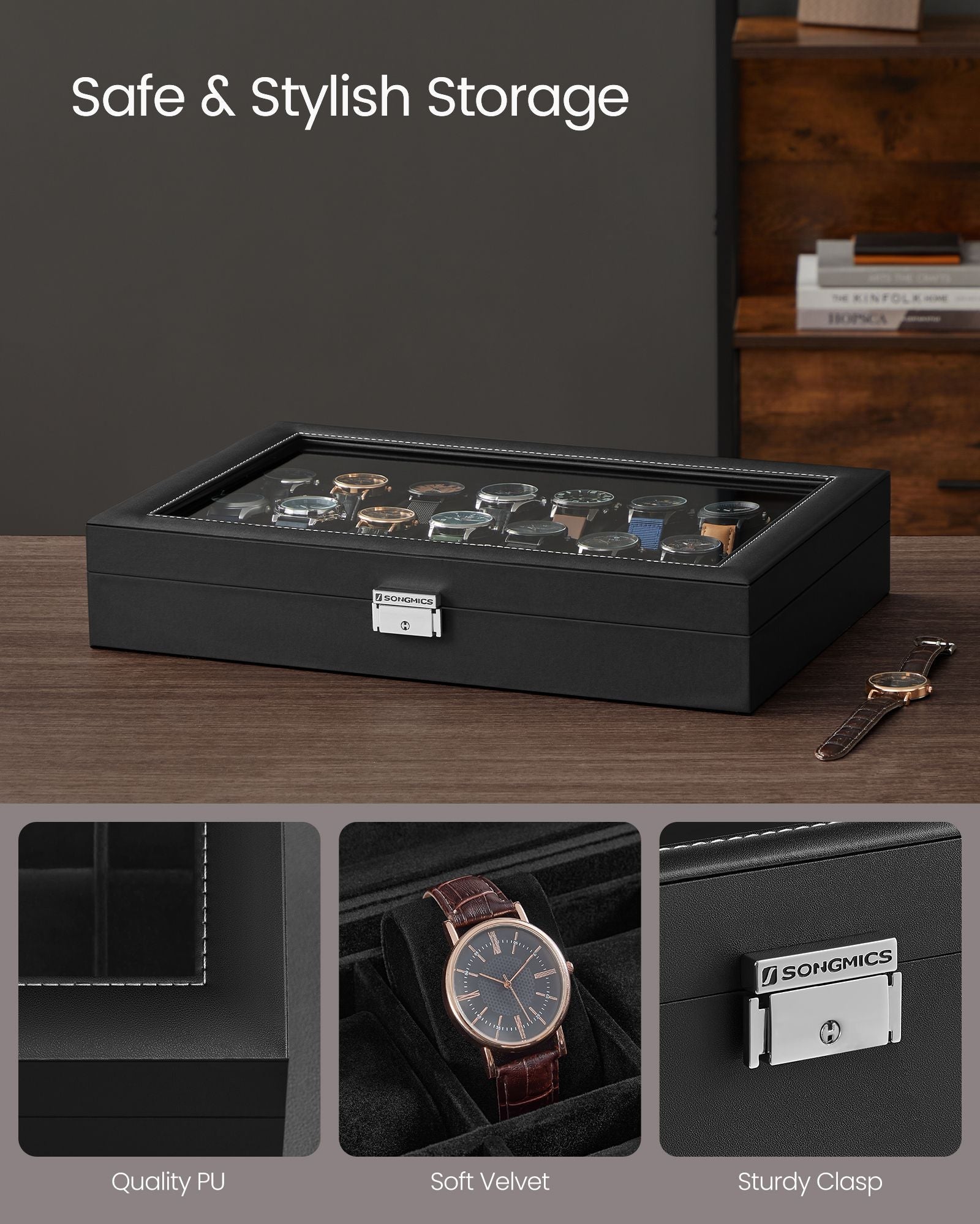 Watch Storage Box – MDF – Ink Black – 24 Slots with Glass Lid