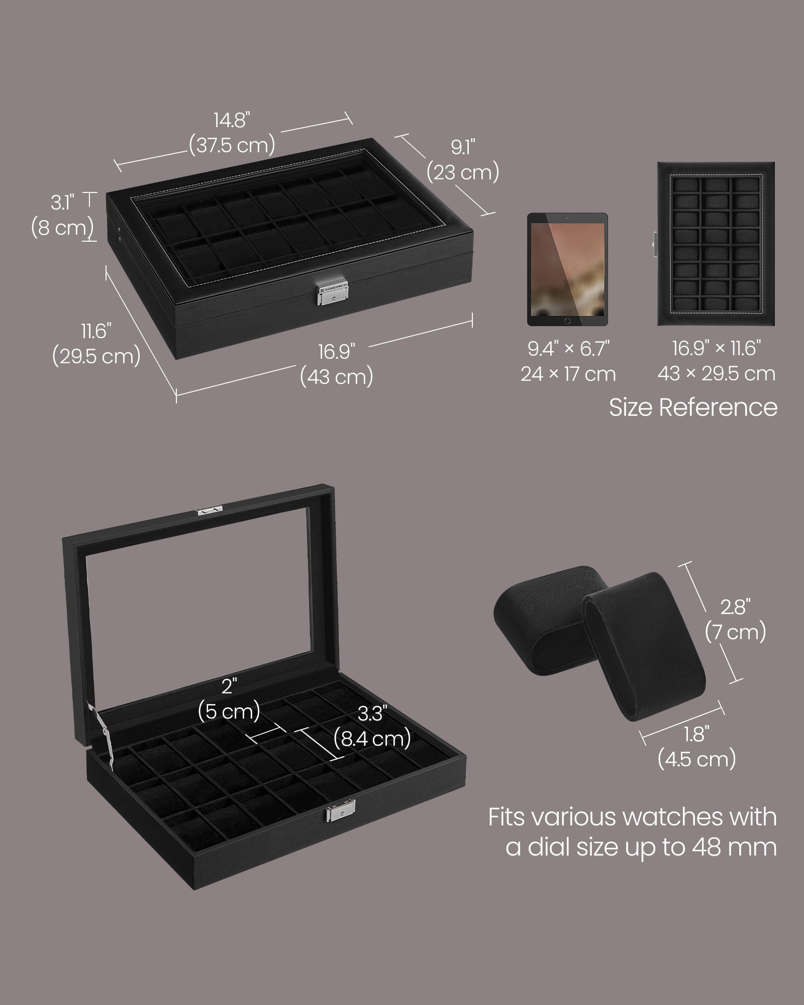 Watch Storage Box – MDF – Ink Black – 24 Slots with Glass Lid