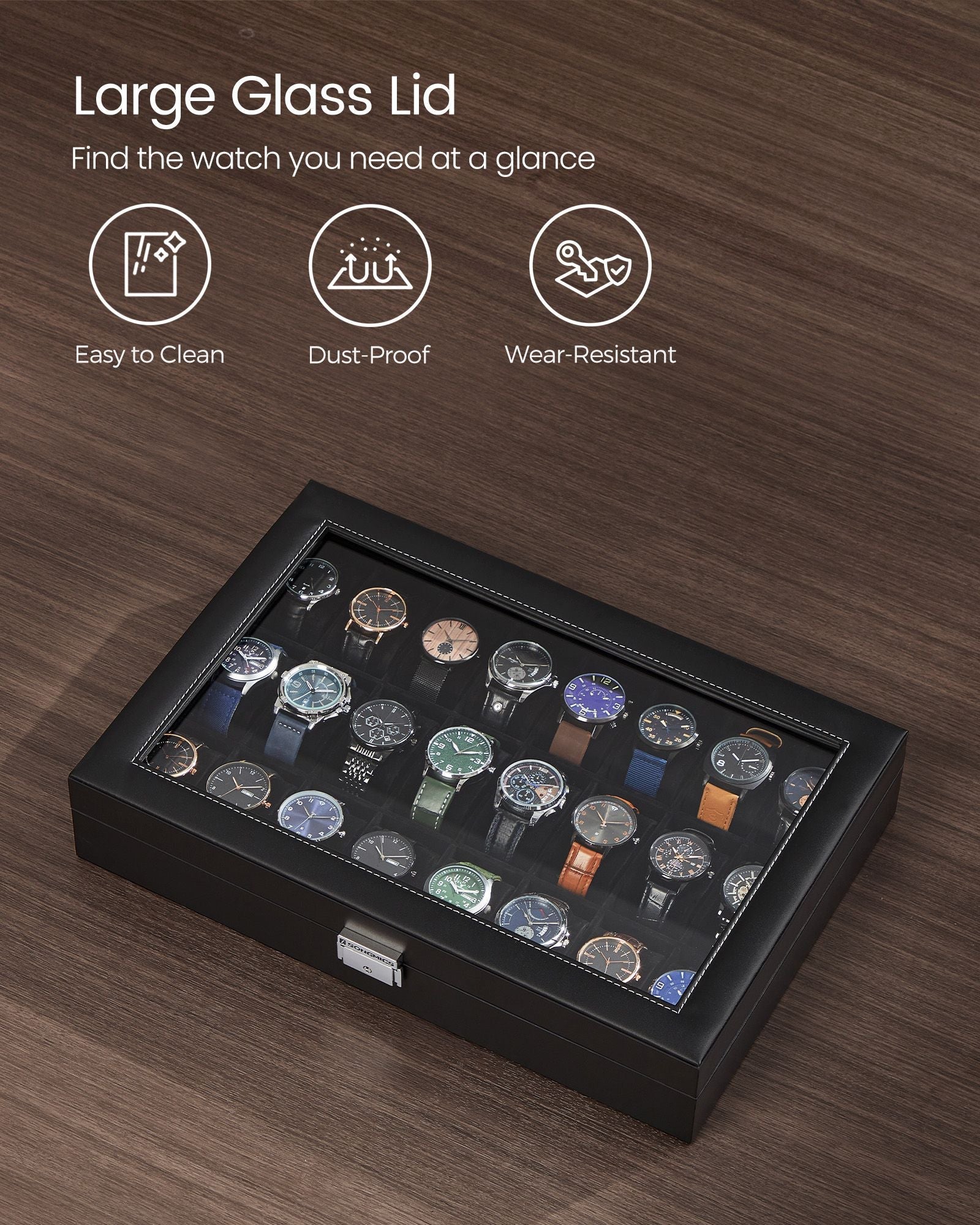 Watch Storage Box – MDF – Ink Black – 24 Slots with Glass Lid