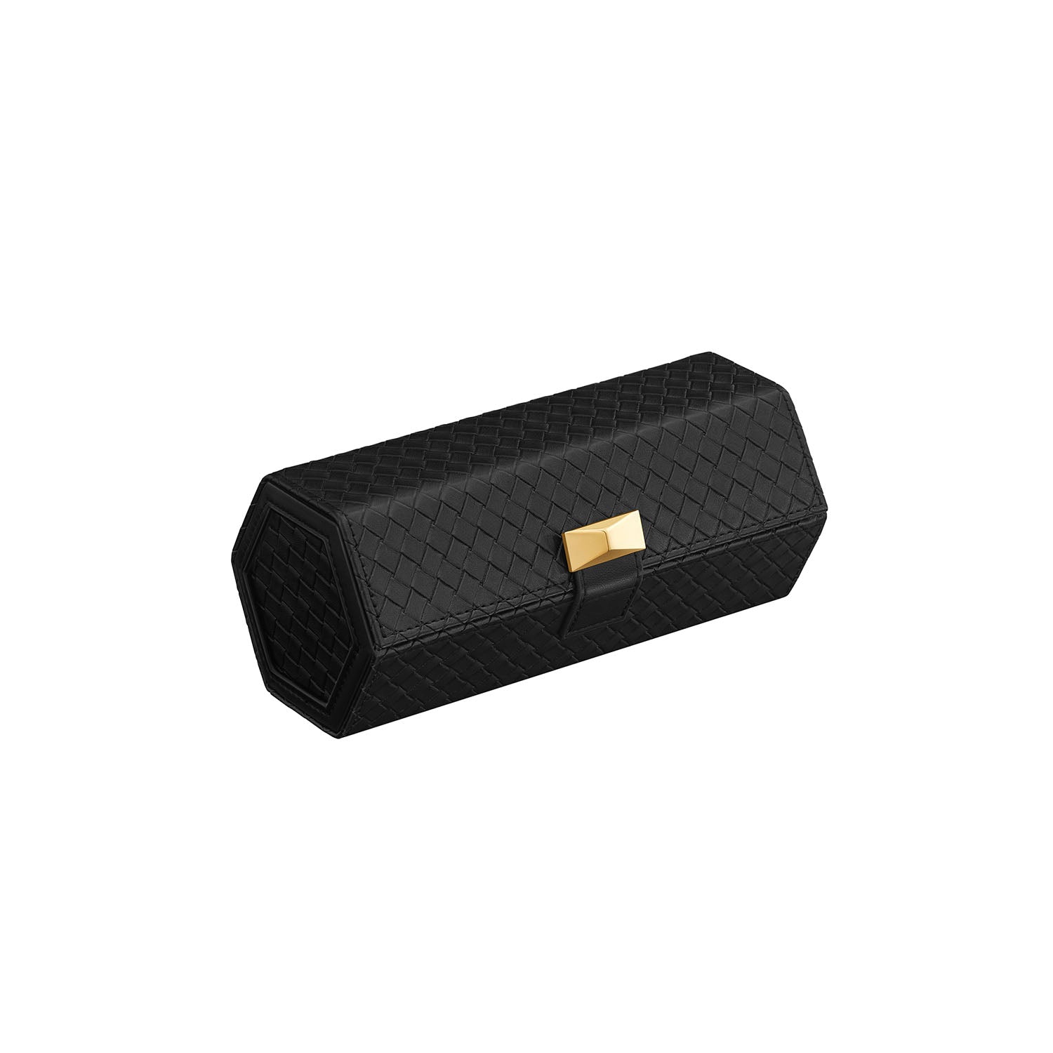 Watch Travel Case – Woven Embossed PU Leather – Ink Black – Hexagon Design with Hidden Storage