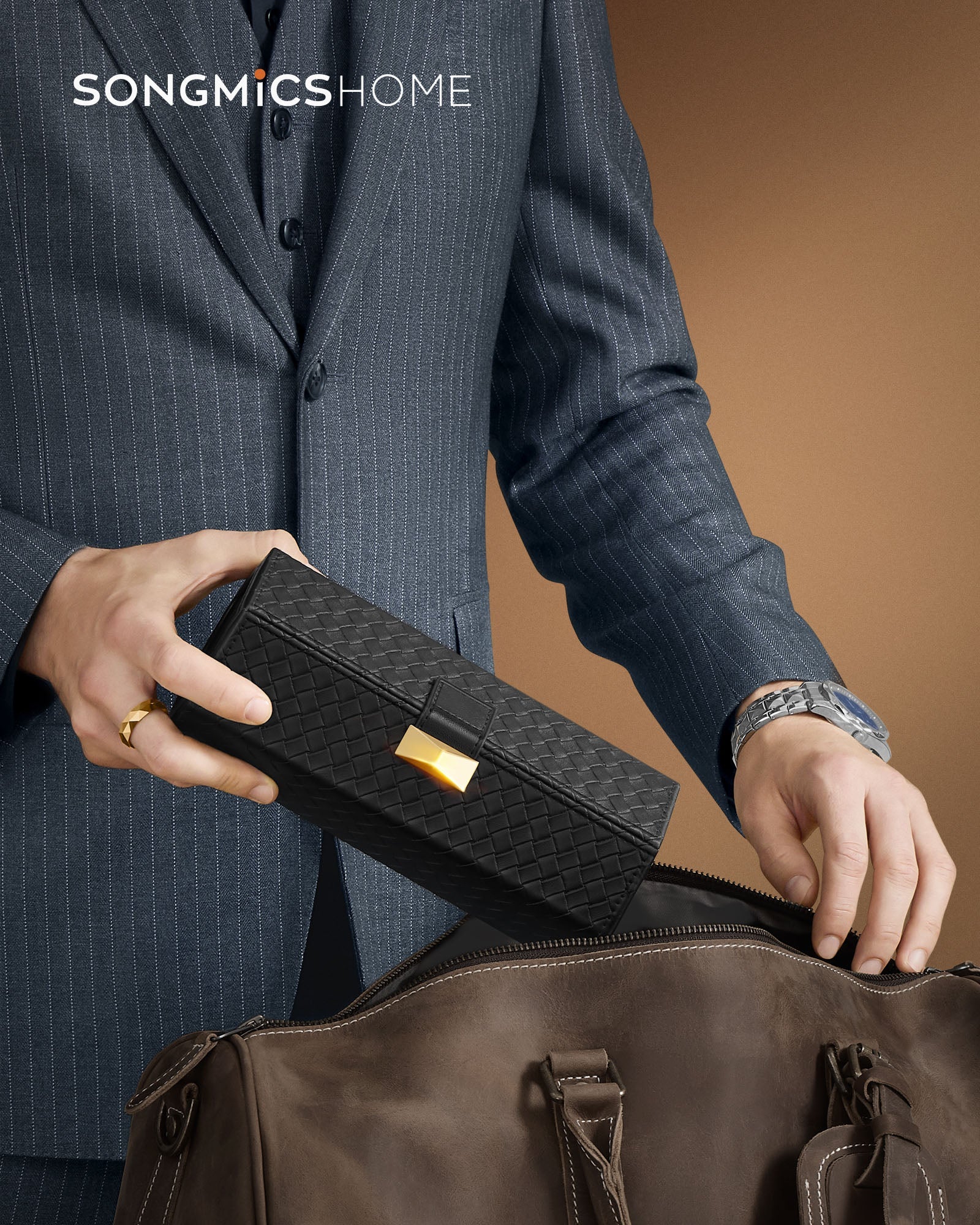 Watch Travel Case – Woven Embossed PU Leather – Ink Black – Hexagon Design with Hidden Storage