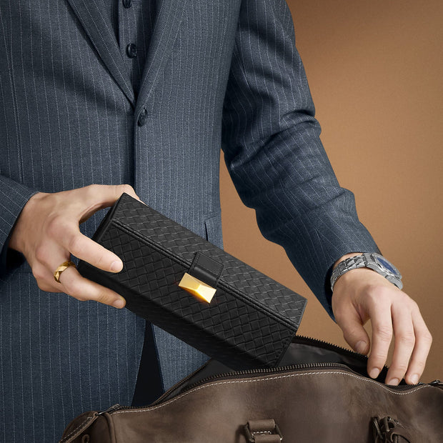 Watch Travel Case – Woven Embossed PU Leather – Ink Black – Hexagon Design with Hidden Storage