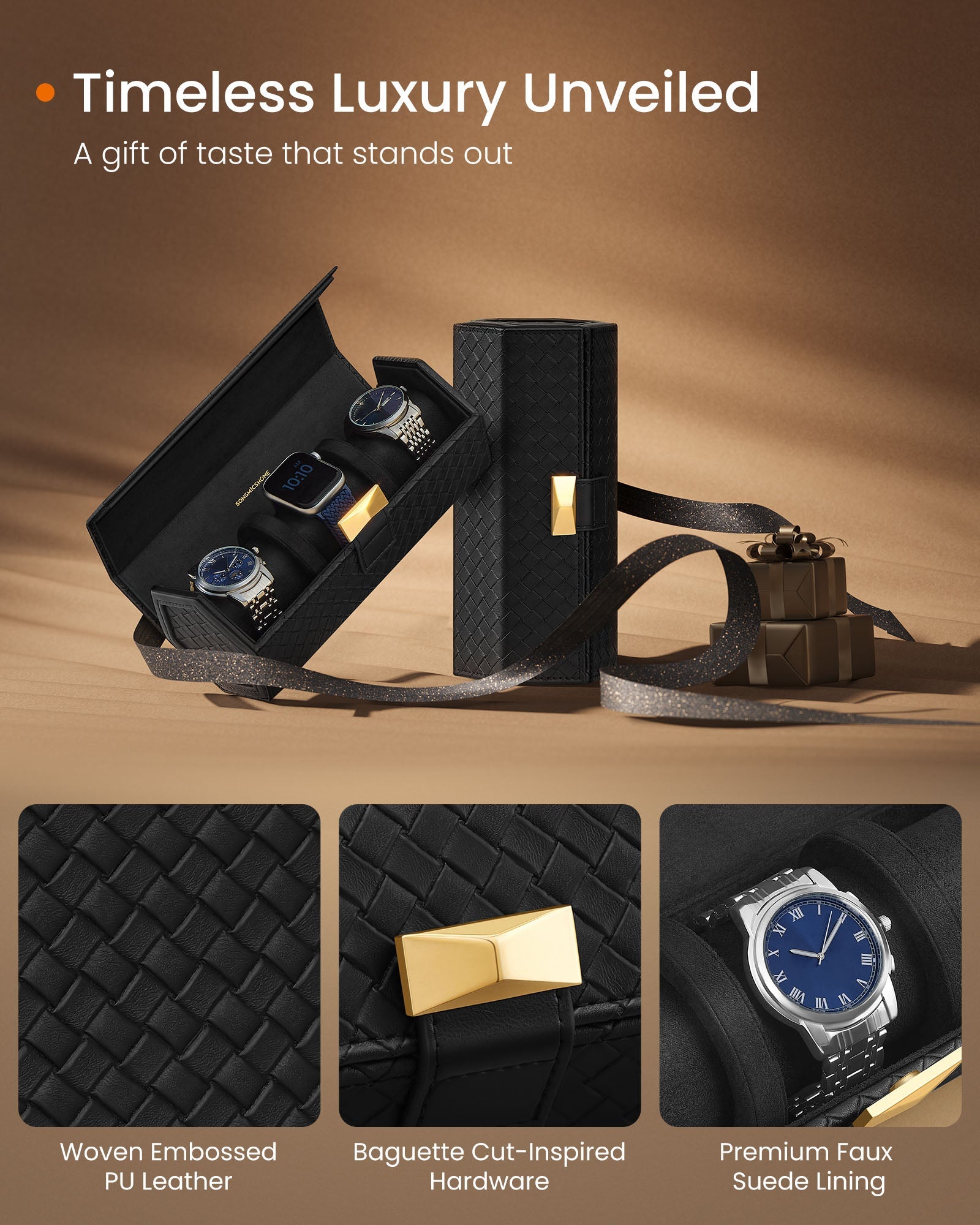 Watch Travel Case – Woven Embossed PU Leather – Ink Black – Hexagon Design with Hidden Storage