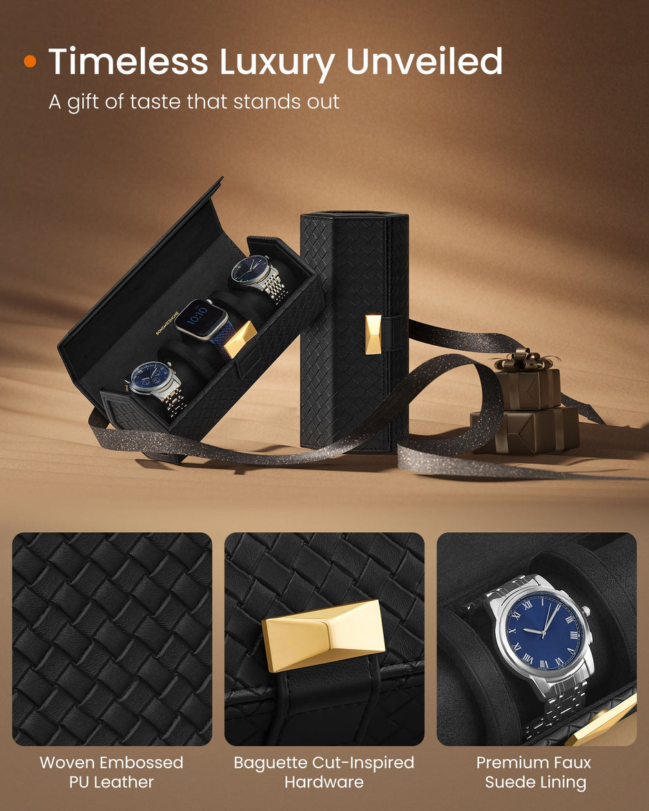 Watch Travel Case – Woven Embossed PU Leather – Ink Black – Hexagon Design with Hidden Storage