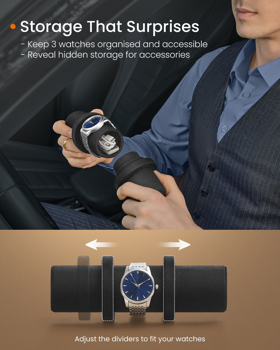 Watch Travel Case – Woven Embossed PU Leather – Ink Black – Hexagon Design with Hidden Storage