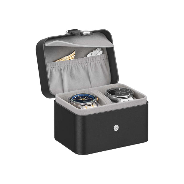 Watch Travel Case – Faux Leather – Ink Black – Two Slots with Hidden Storage Pillow