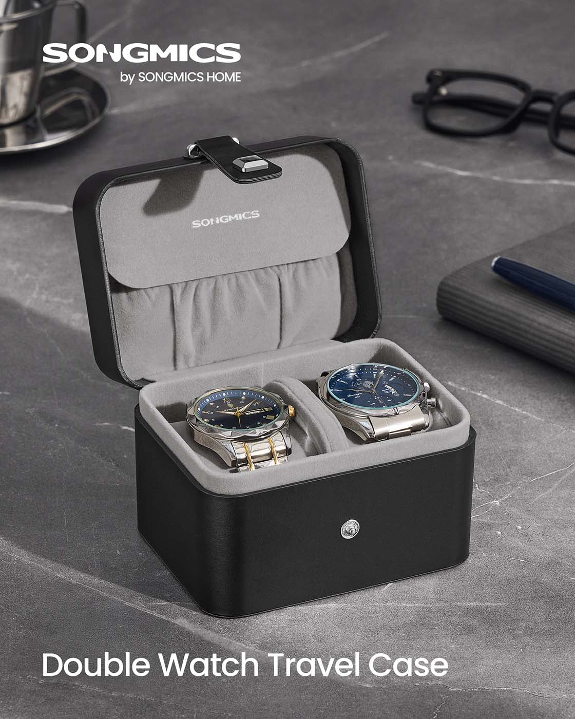Watch Travel Case – Faux Leather – Ink Black – Two Slots with Hidden Storage Pillow