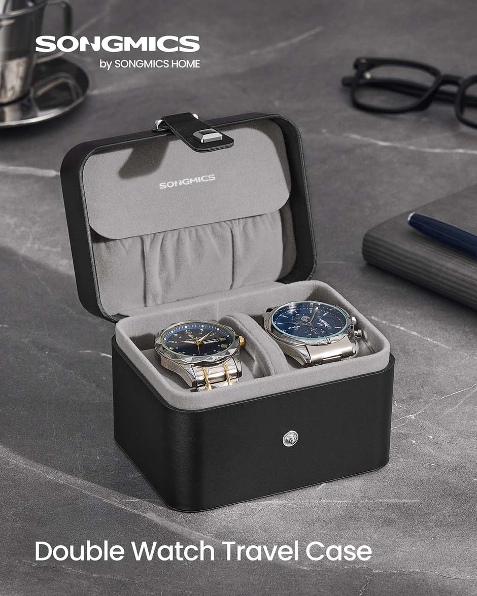 Watch Travel Case – Faux Leather – Ink Black – Two Slots with Hidden Storage Pillow