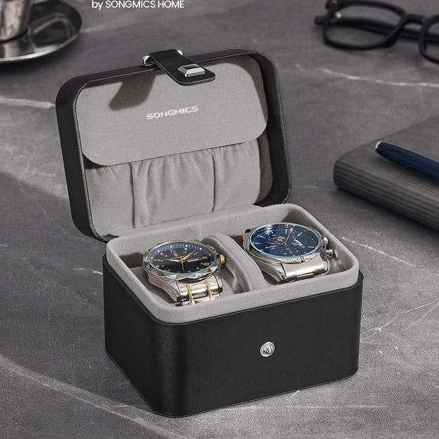 Watch Travel Case – Faux Leather – Ink Black – Two Slots with Hidden Storage Pillow